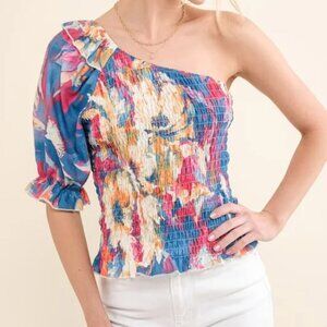 And The Why Allover Floral Print Smocked One Shoulder Blouse